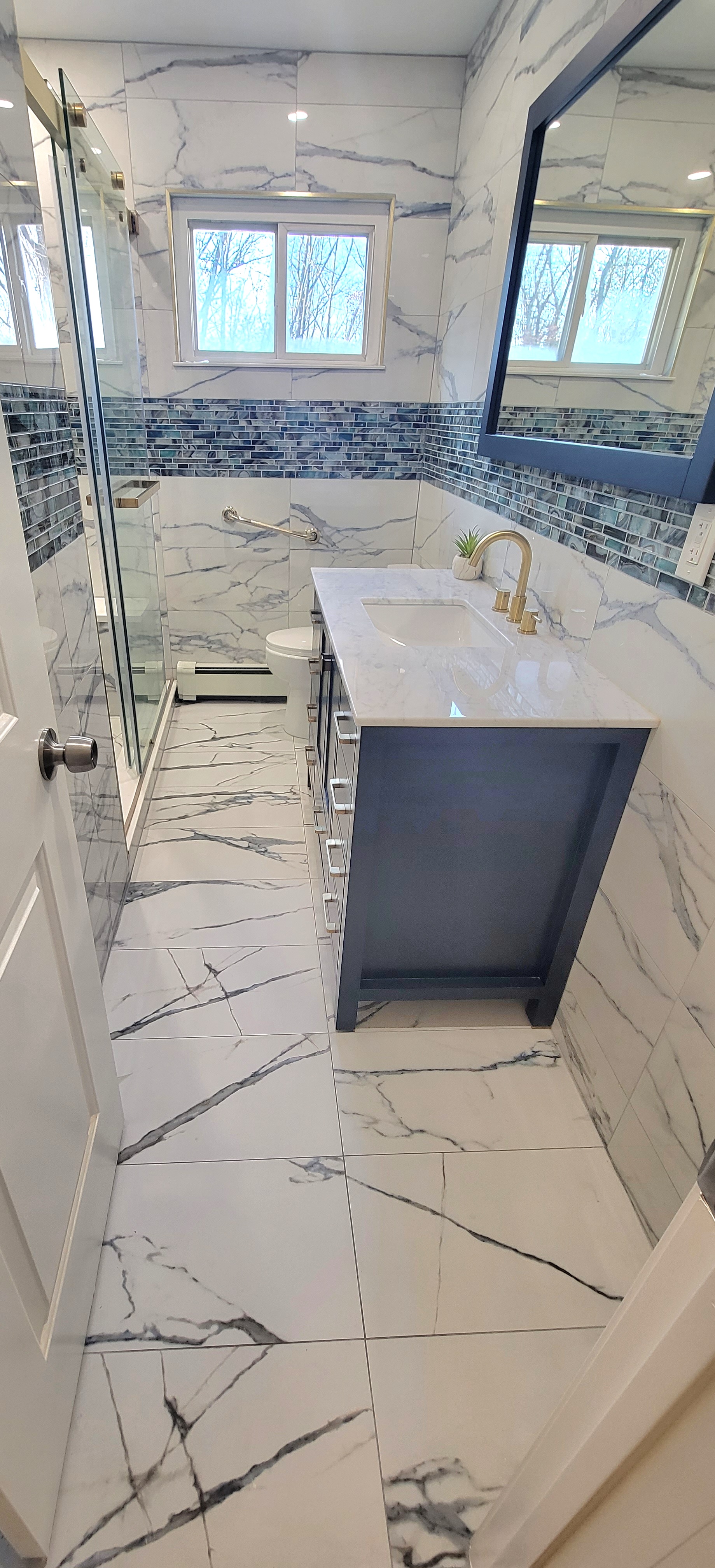 Navy Blue Vanity with Glass Mosaics